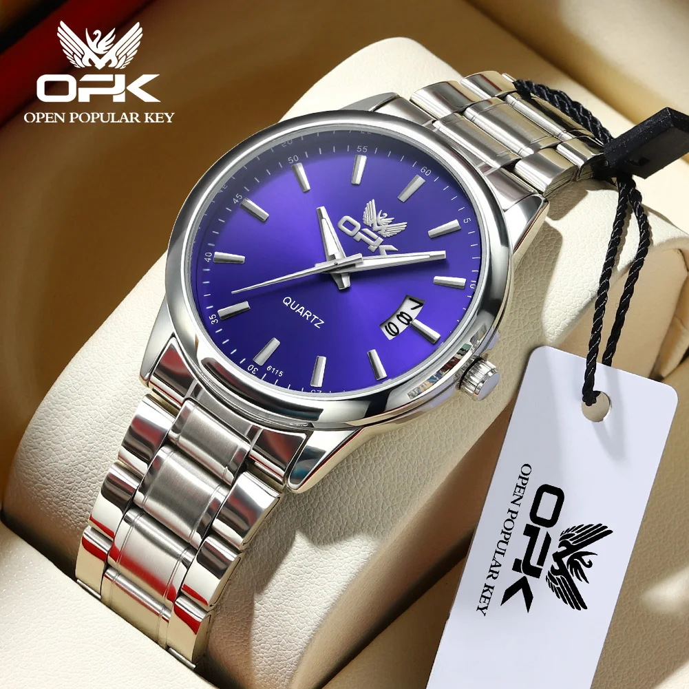 OPK 6010 Mens Watch Simple Original Quartz Watch Stainless Steel Strap Calendar Watches For Man Waterproof Luminous Men Watch