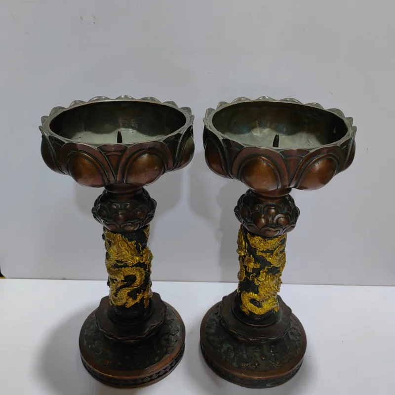 Wholesale Antique Style Pure Copper Gilt Candle Holders Lotus Candle Holders Pair Home Buddha Hall Decoration Crafts