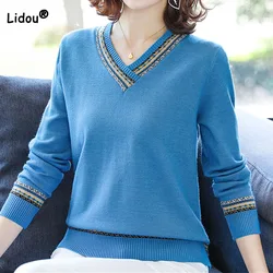 Commute Female Fashion V-Neck Long Sleeve Knitted Pullovers Thin Solid Color Spliced Casual Sweaters Pullovers Women's Clothing