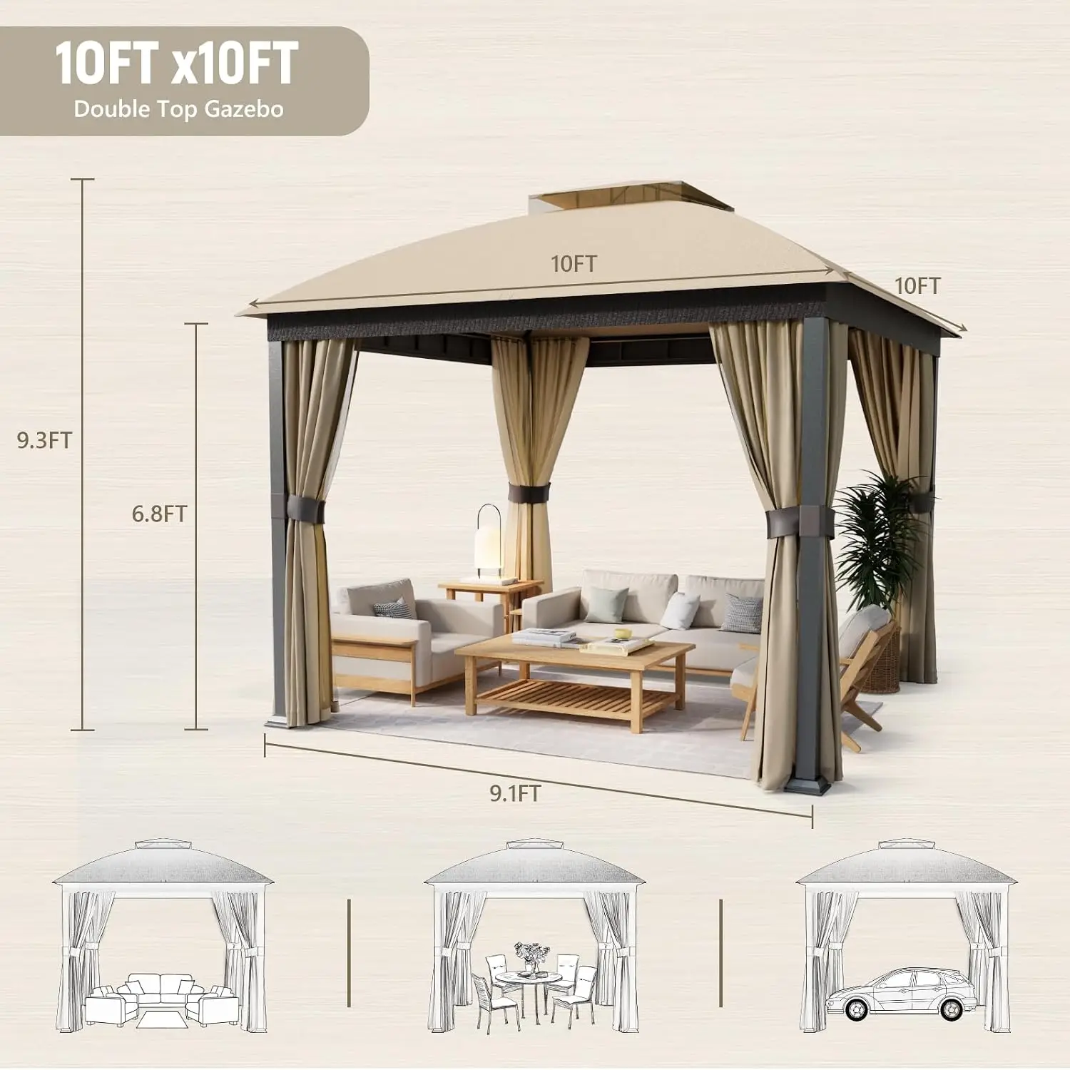 Patio Gazebo 10x10, Outdoor Gazebos, Heavy Duty Gazebo Soft Top Gazebos, Double Roofs Anti-UV Shelter with Privacy, Customized