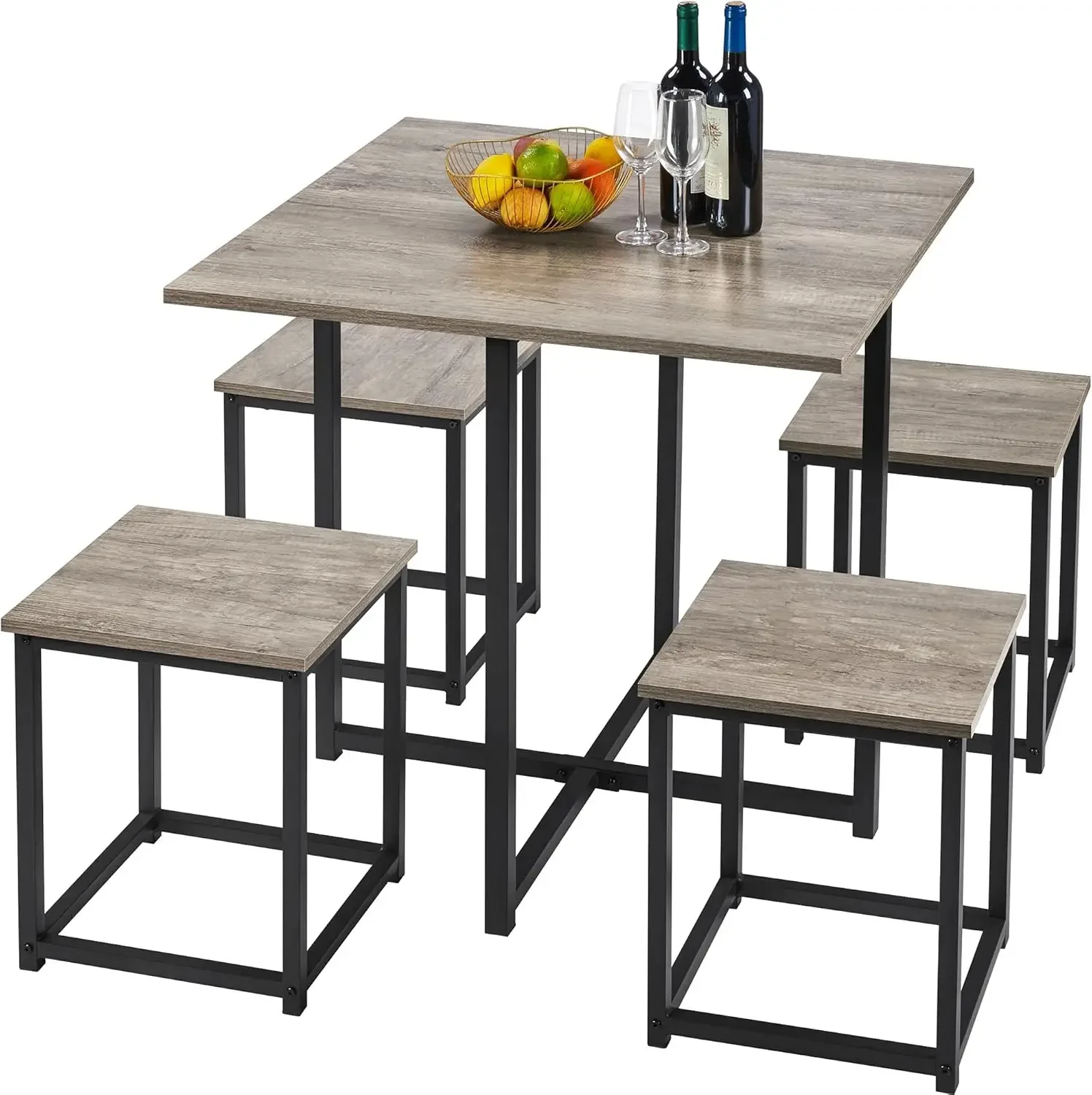 5-Piece Dining Table Set - Industrial Kitchen & Chairs Sets for 4 Compact with Stools Space-Saving Design Apartment, S