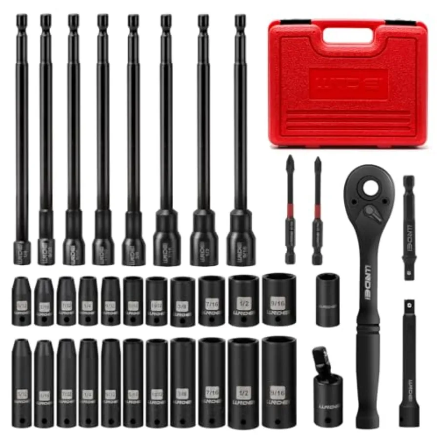 

Набор торцевых головок 1/4 дюйма, 38 шт., глубокие и неглубокие, SAE 5/32 до 9/16, с трещоткой, шестигранный хвостовик, 6 удлиненных гайковертов для дрели