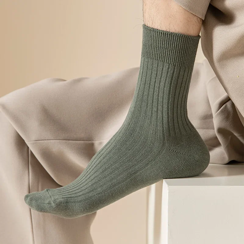 Men's Solid Color Vertical Striped Middle Tube Socks Spring Summer Sweat absorbing Breathable Cotton Socks Simple Business Socks