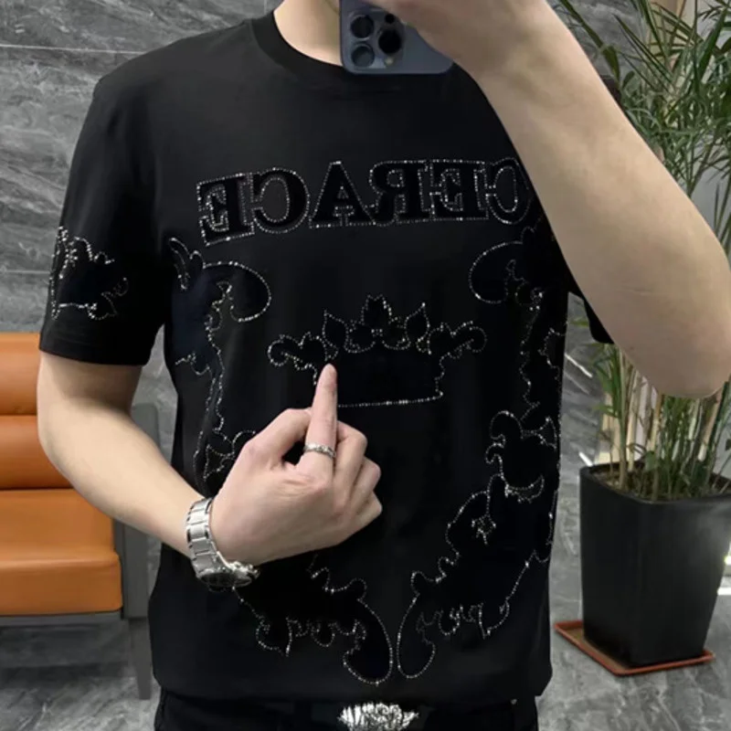 Light Luxury Men's Summer Round Neck Short Sleeve T-shirt High Quality Flocking Printing Personalized Hot Diamond Versatile Slim