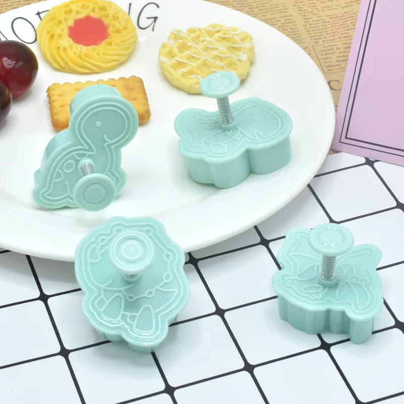 4Pcs Dinosaur Cookie Cutter Biscuit Embosser Stamp Mold Cartoon Animal Pattern Fondant Cookie Molds Baking Cake Decorating Tools