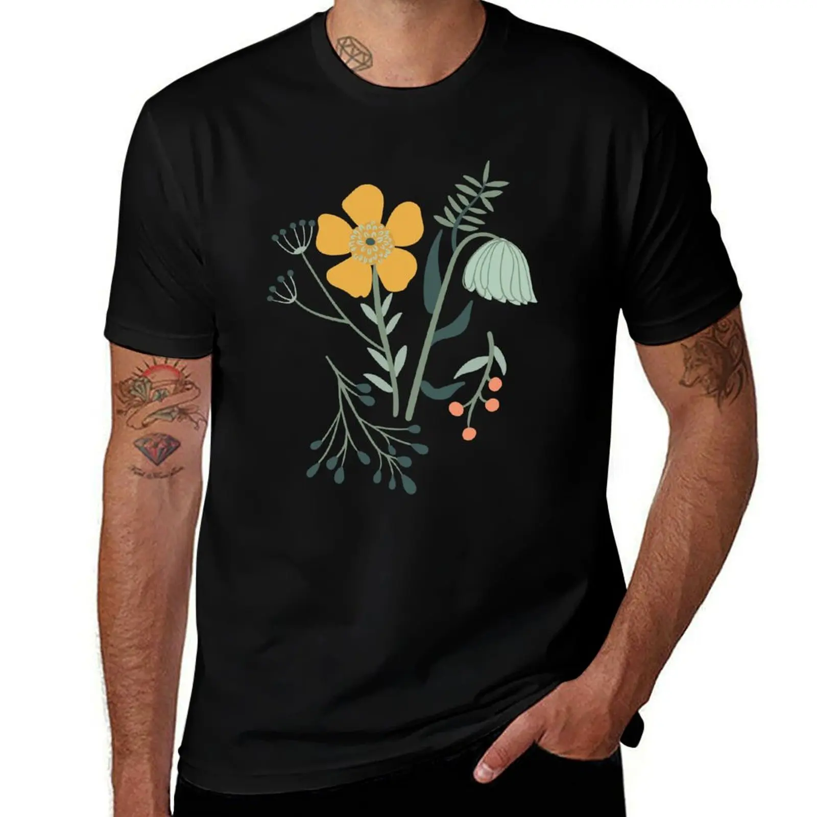 

Coral, Mustard, & Blue Botanical Garden Floral Print T-Shirt t shirt man casual man graphic t shirt T-Shirt
