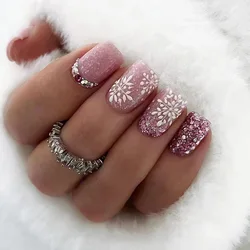 Uñas postizas cuadradas cortas, copos de nieve franceses, taladro de purpurina, cubierta completa, prensa desmontable en puntas de uñas, uñas falsas de Navidad