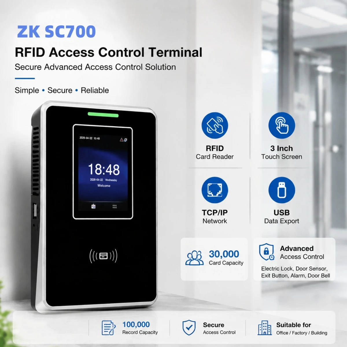 SC700 Access Control Device TCP/IP 125Khz  RFID Card 2.8 Inch TFT Touch Screen Time Attendance USB Cloud Storage