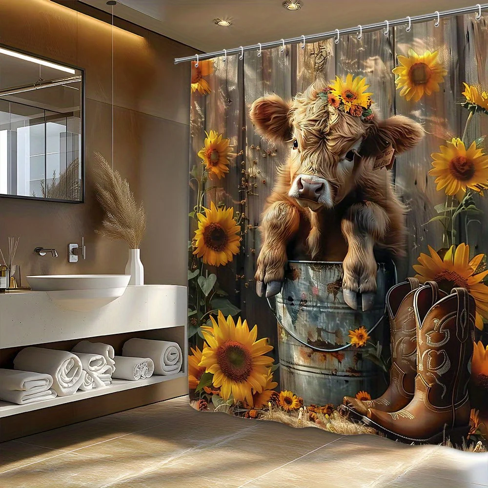 Cute Highland Cow Shower Curtain Baby Calf in Bucket Sunflower Print Waterproof Fabric Bathroom Curtains with Hooks Farmhouse