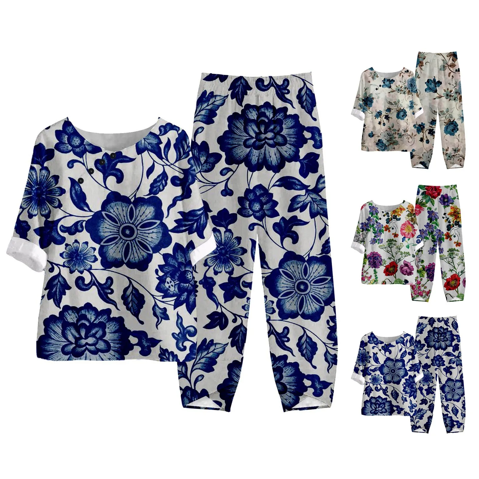 New Elegant Summer Casual 2 Piece Set Women O Neck Flower Print Loose T Shirt High Waist Loose Pants Suit Female Outfits 2023