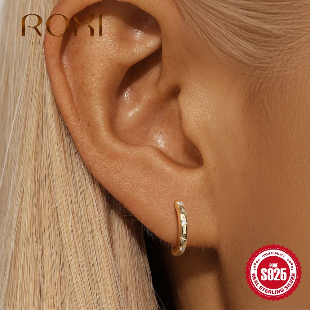 

ROXI 1Pair 925 Sterling Silver Octagonal Star Shiny Zircon Piercing Hoop Earrings For Women INS Fine Jewelry Party Gift