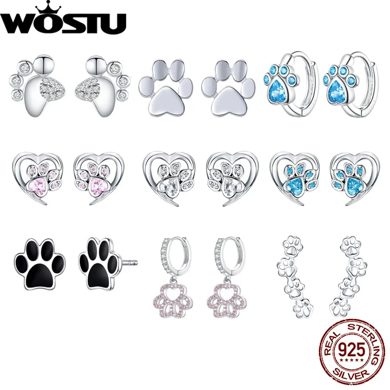 WOSTU 925 Sterling Silver Paw Dog Earrings Pet Footprint Stud Earrings Zircon Biżuteria dla kobiet Prezent ślubny