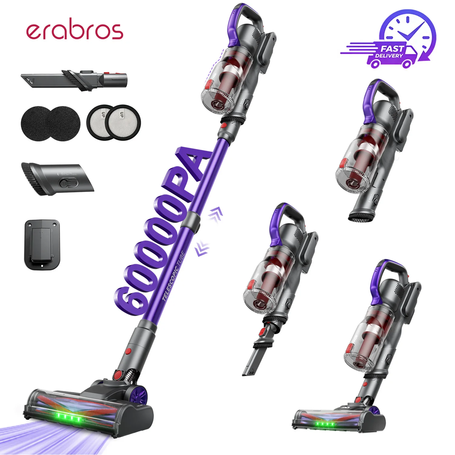 Aspirateur sans fil Erabros EV3 500W, puissance d'aspiration 60Kpa, autonomie 60 min, aspirateur à main intelligent pour la maison, 3 modes d'aspiration