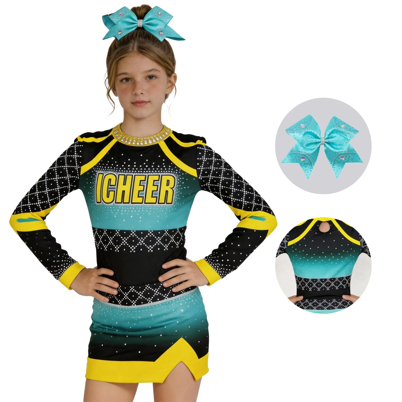 

Kids Girls Cheerleader Uniform Glitter Rhinestone Black Gradient Long Sleeve Cheer Dress Hair Bow Cheerleading Dance Costume