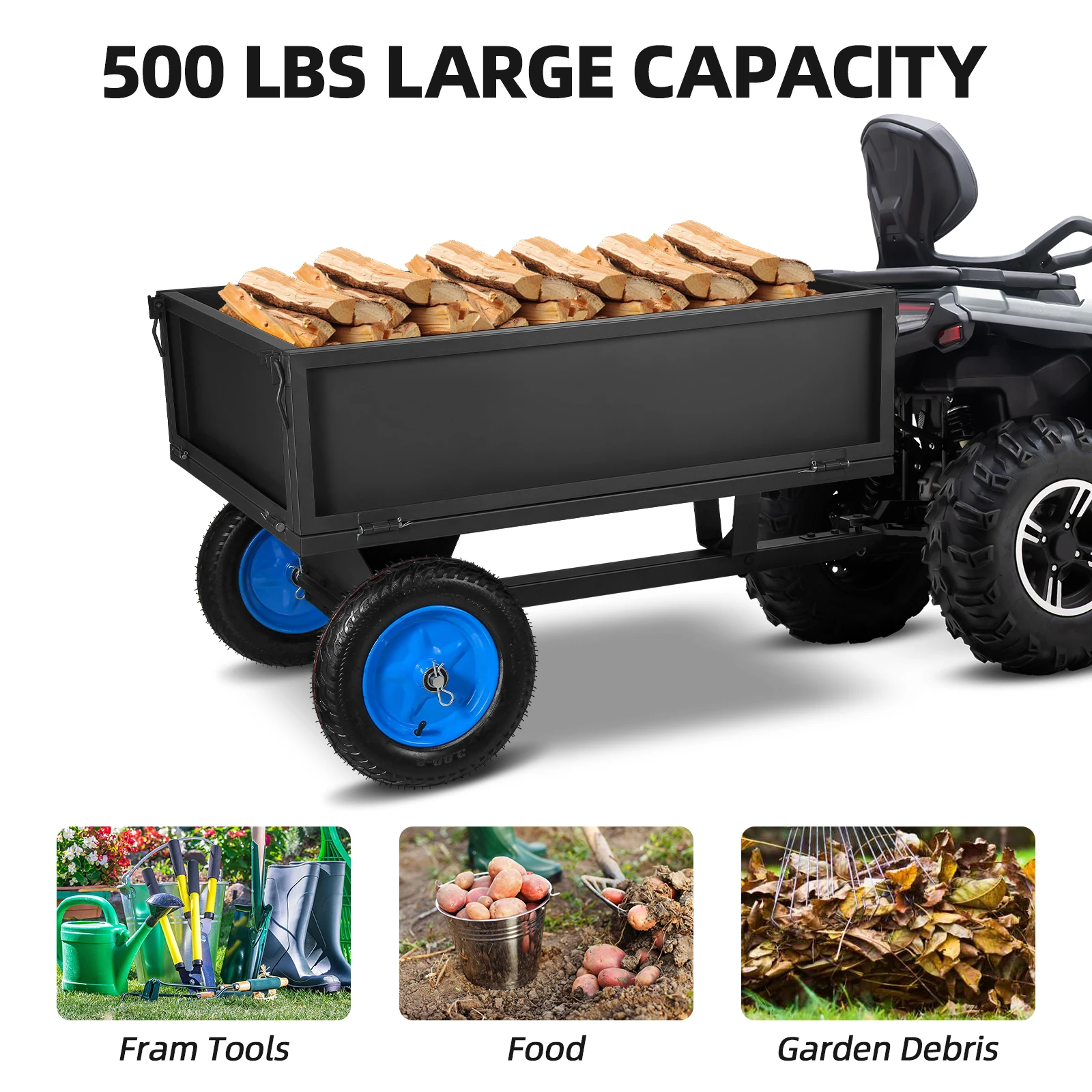 Heavy Duty Utility Cart 500LB Black Wagon with Removable Front & Rear Panel, Sturdy Steel Cart Bed, Anti-Slip Wheels Support Bar
