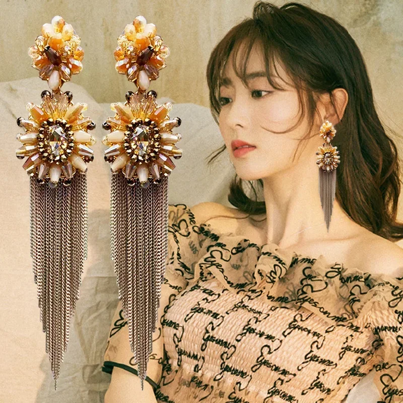 2024 Bohemian Retro Ethnic Flowers Tassel Earrings Handmade Jewelry Exaggerated Long Earrings for Women