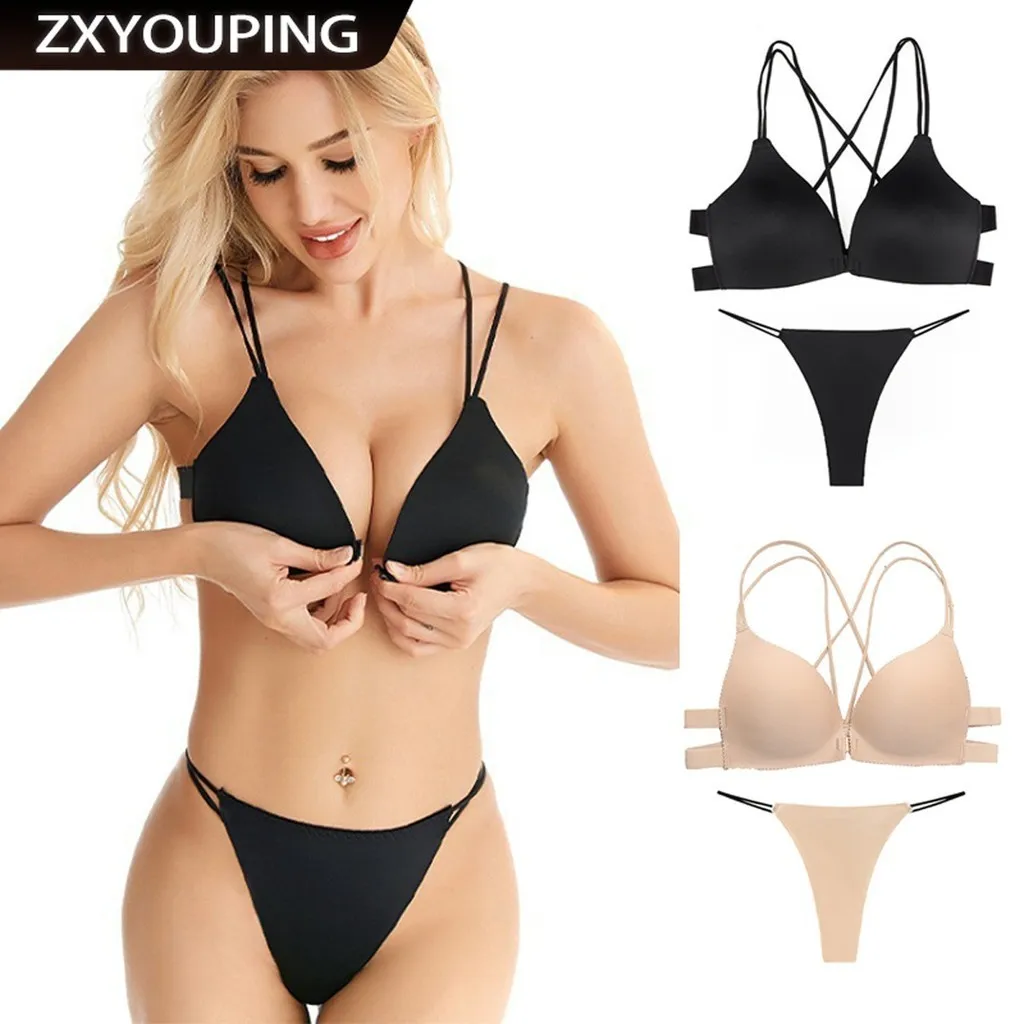 ZXYOUPING Women Bra and Panty Set, Front Button Push-up Bra, Sexy Thong Underwear Set, Seamless Bra and Panty Set Without Wires