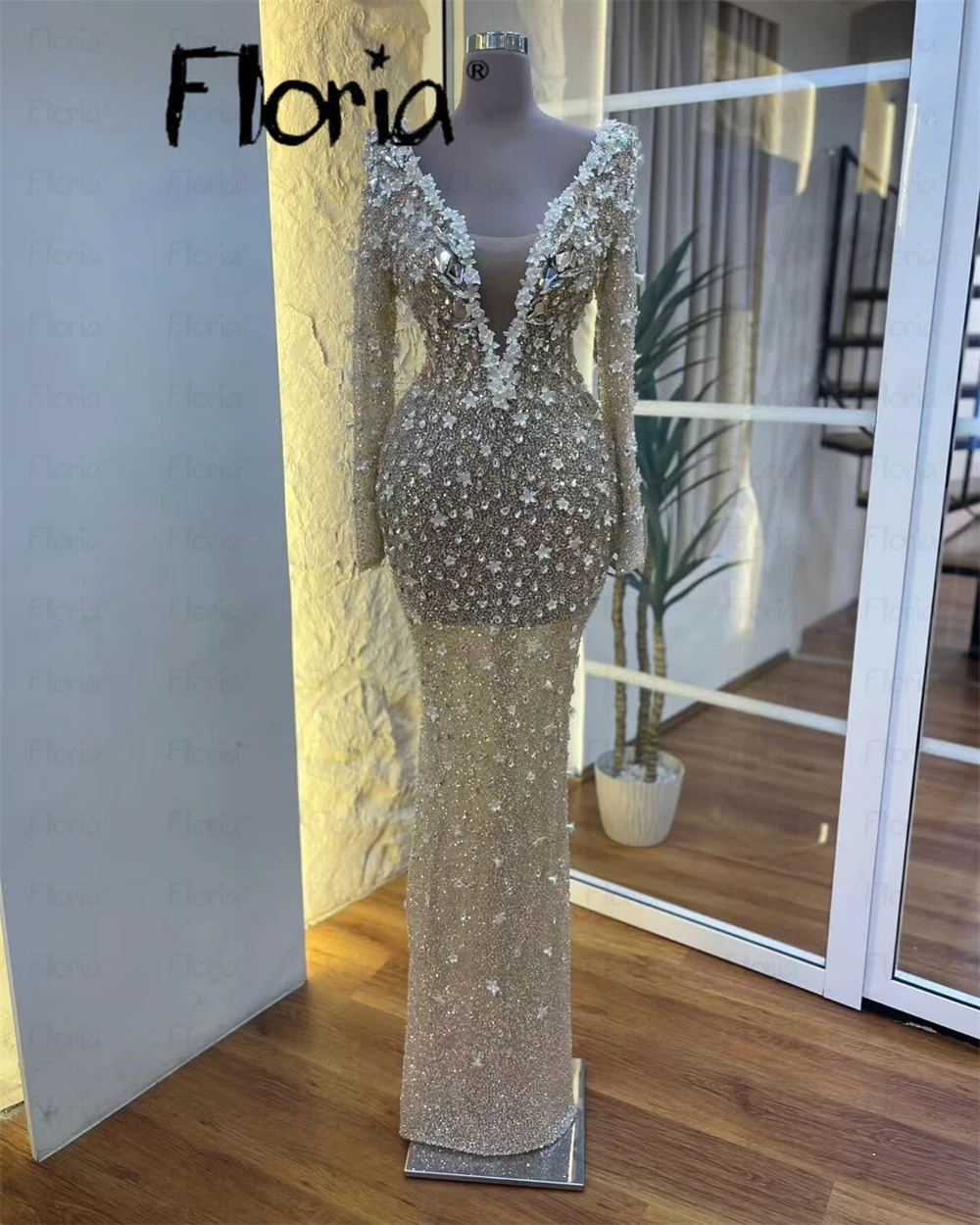 Sparkly Beading Deep V Neck Champagne Evening Dress Customized Bridesmaid Wedding Night Prom Gowns Elegant Celebrity Party Dress