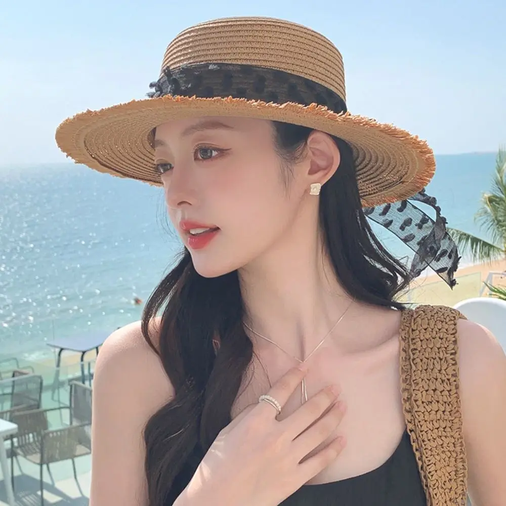 Fashion Large Brim Wide Brim Summer Sun Hat Lace Bowknot Anti UV Sunshade Cap Breathable Adjustable Straw Hat Outdoor