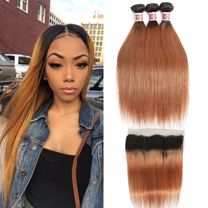 

1b/30 Ombre Brown Straight Bundles With 13x4 Lace Frontal Hair Brazilian Human Hair 3 Bundles With Lace Closure Euphoria