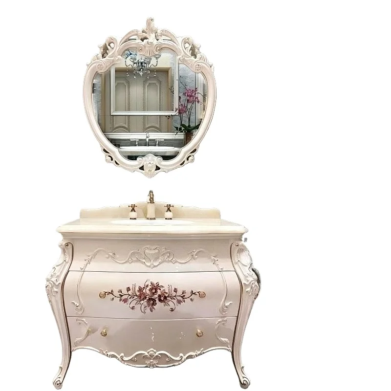 Carved bathroom cabinet, oak combination, bathroom washbasin, floor-to-ceiling washbasin cabinet combination