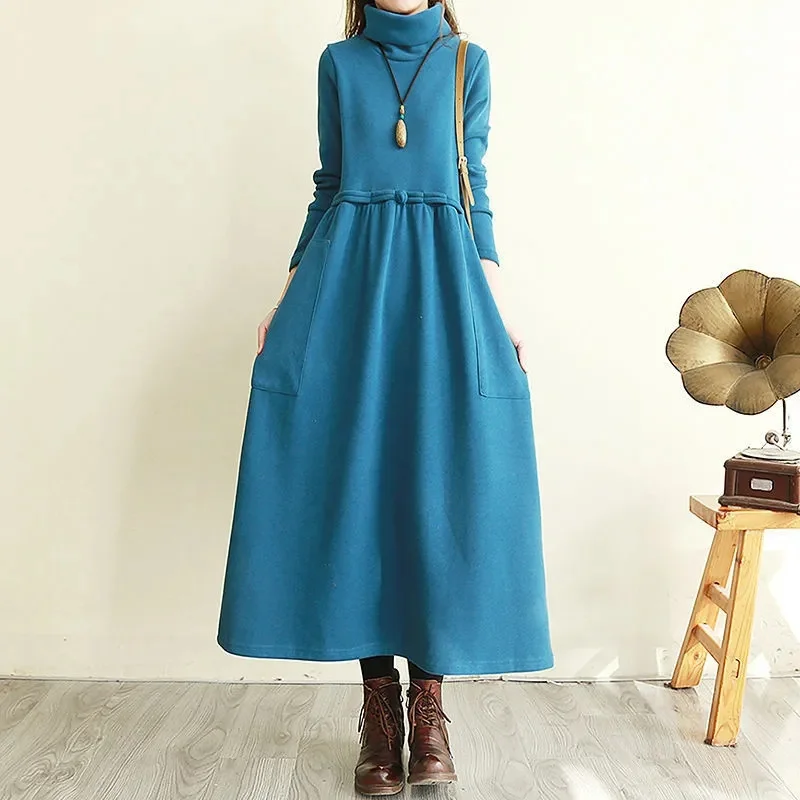 

Spring Autumn Winter Dress Women's Dress High Collar Vintage Mid Length Add Velvet Over The Knee Warm Bottoming Dresses Female