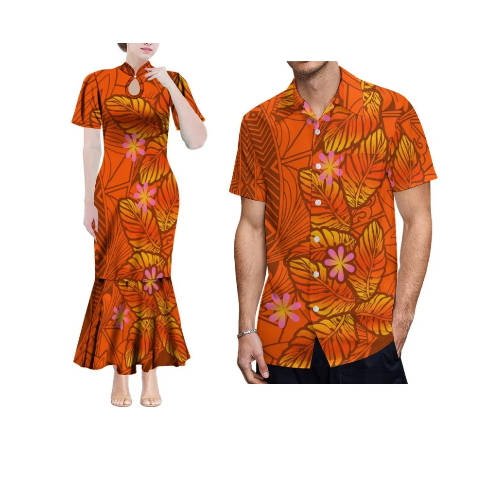 Design de emagrecimento feminino waterdrop gola alta saia rabo de peixe verão personalizado camisa masculina polinésia roupas de casal