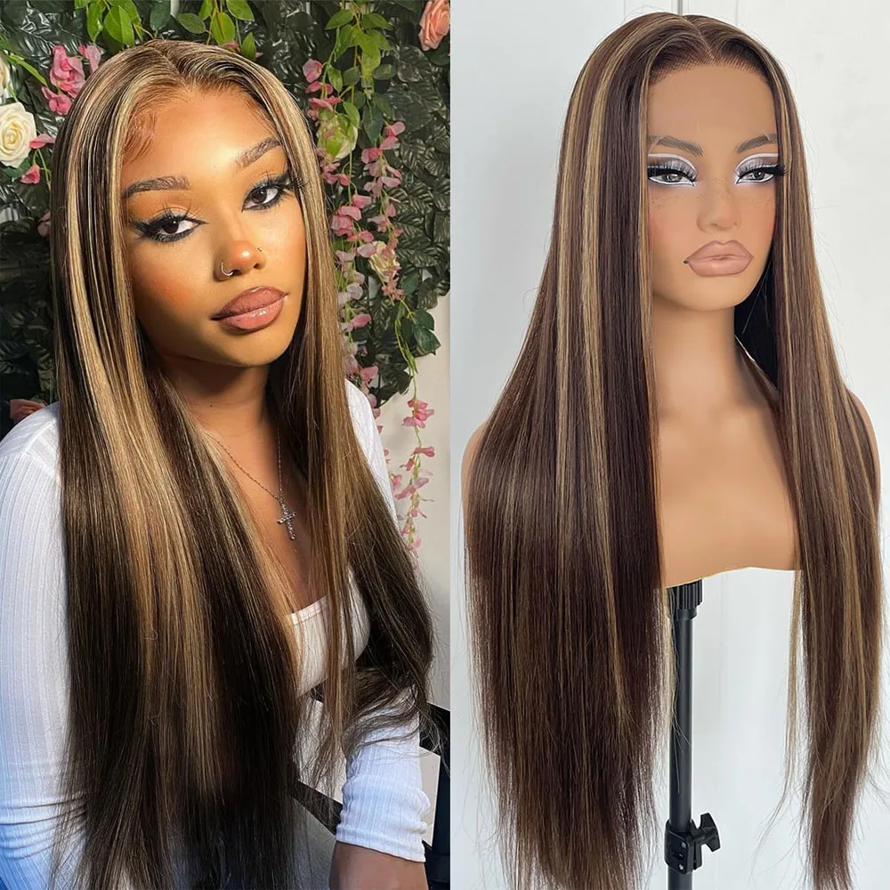 13x4 Brown Highlight Lace Front Wig 24 Inch Straight – Glueless Synthetic Fiber with Natural Hairline for Daily & Easy Styling