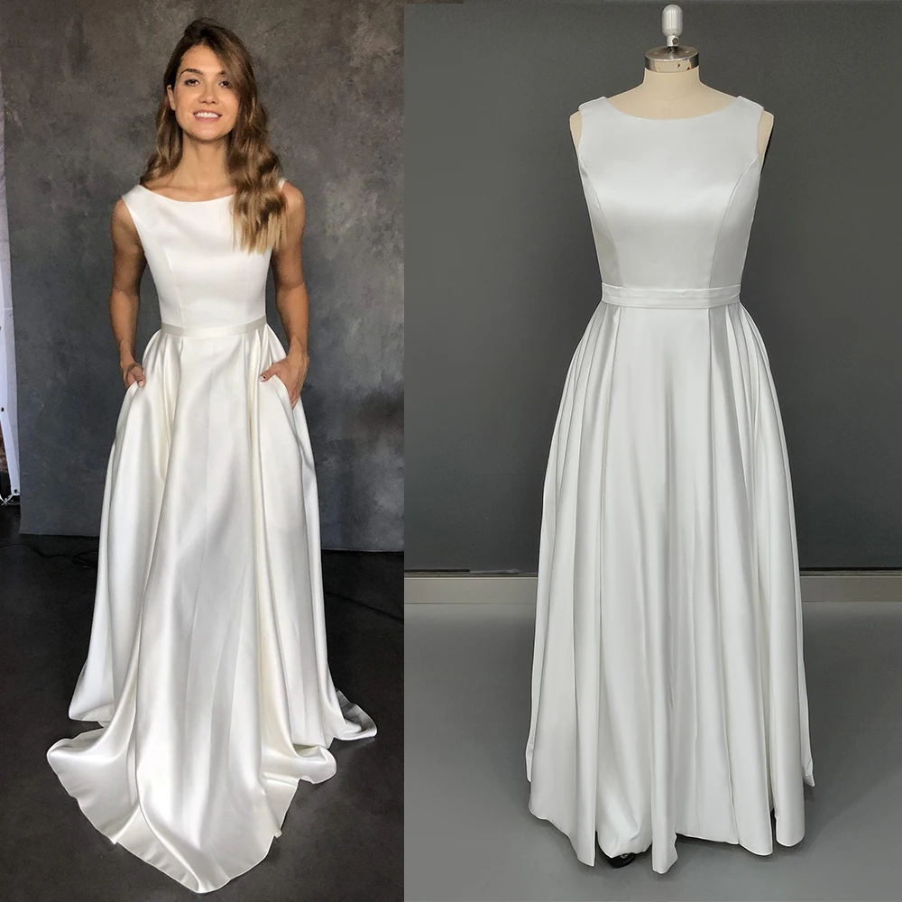 Minimalist Satin Wedding Gown With Pockets Boat Neck In Stock Closed Detachable Belt Customized Plus Size Simple Bridal Dress