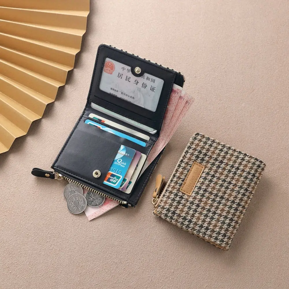 Korean Style Retro Houndstooth Short Wallet PU Leather Card Bag Female Multi-card Slot Credit Card Bag Small Zipper Coin Purse