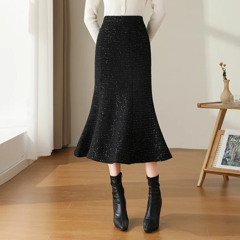 

Fashion Sequin Long Trumpet/Mermaid Skirt Women Elegant High Waist Slim Fit Casual Black Apricot Bodycon Skirt Office Lady 2887