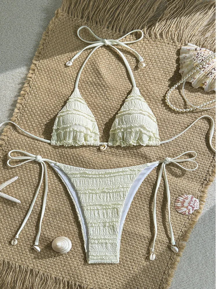 

2026 New Solid Color Women's Seashell Bikinis Set Female Summer Sexy Beach Vacation Halter Neck Swimsuit