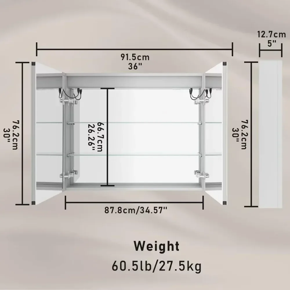 Bathroom Medicine Cabinet with LED Vanity Mirror and Storage, Anti-Fog Recessed or Surface Mount Double Door Large Storage