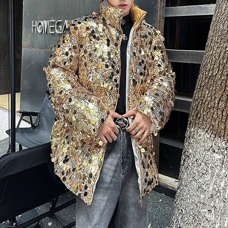 

Зимняя мужская куртка больших размеров с блестками, модная теплая утепленная мужская парка на молнии, пальто, роскошный костюм для выступлений, уличная одежда