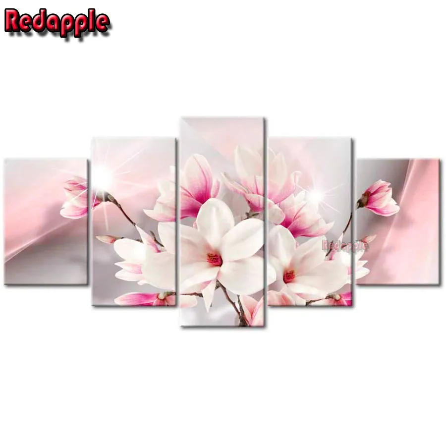 Blush Pink Flowers 5D DIY Diamond Painting, Rhinestone Embroidery Mosaic, Mosaic Magnolia Flower Picture, 5 Panel, Home Decorati