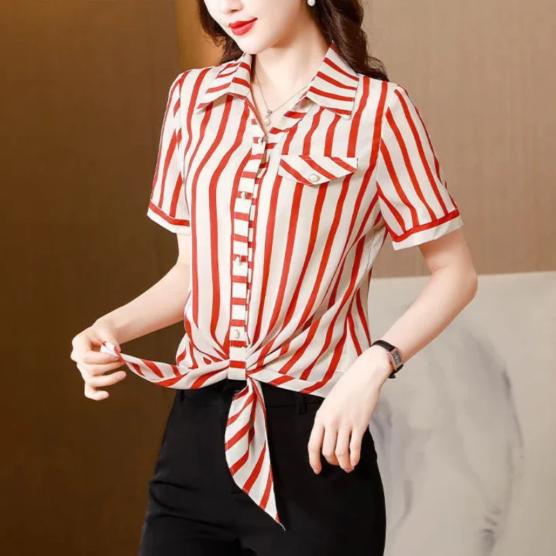 

All-match Blouse Women's Striped Short Sleeve Fashion Polo Neck Loose Lacing Office Shirt Tops Summer Vintage Casual Clothing