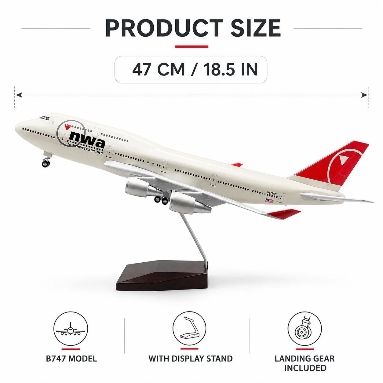 B747 Northwest Airlines 47cm Die-Cast Resin 1/150 Scale Model Ornament with Wheels Suitable for Display or as a Gif