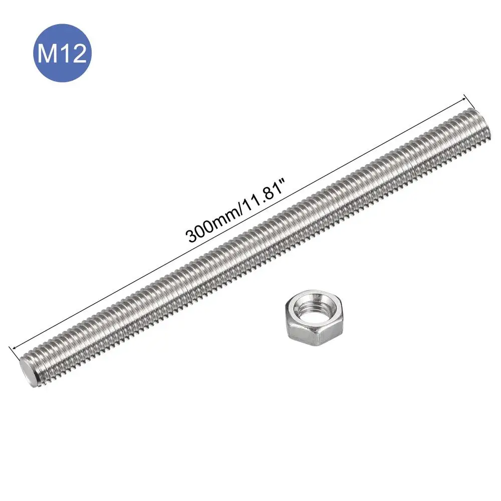 스테인레스 스틸 나사형 로드 M12 x 300mm(육각 너트 포함) 12개 팩 오른나사 피치 1.75mm