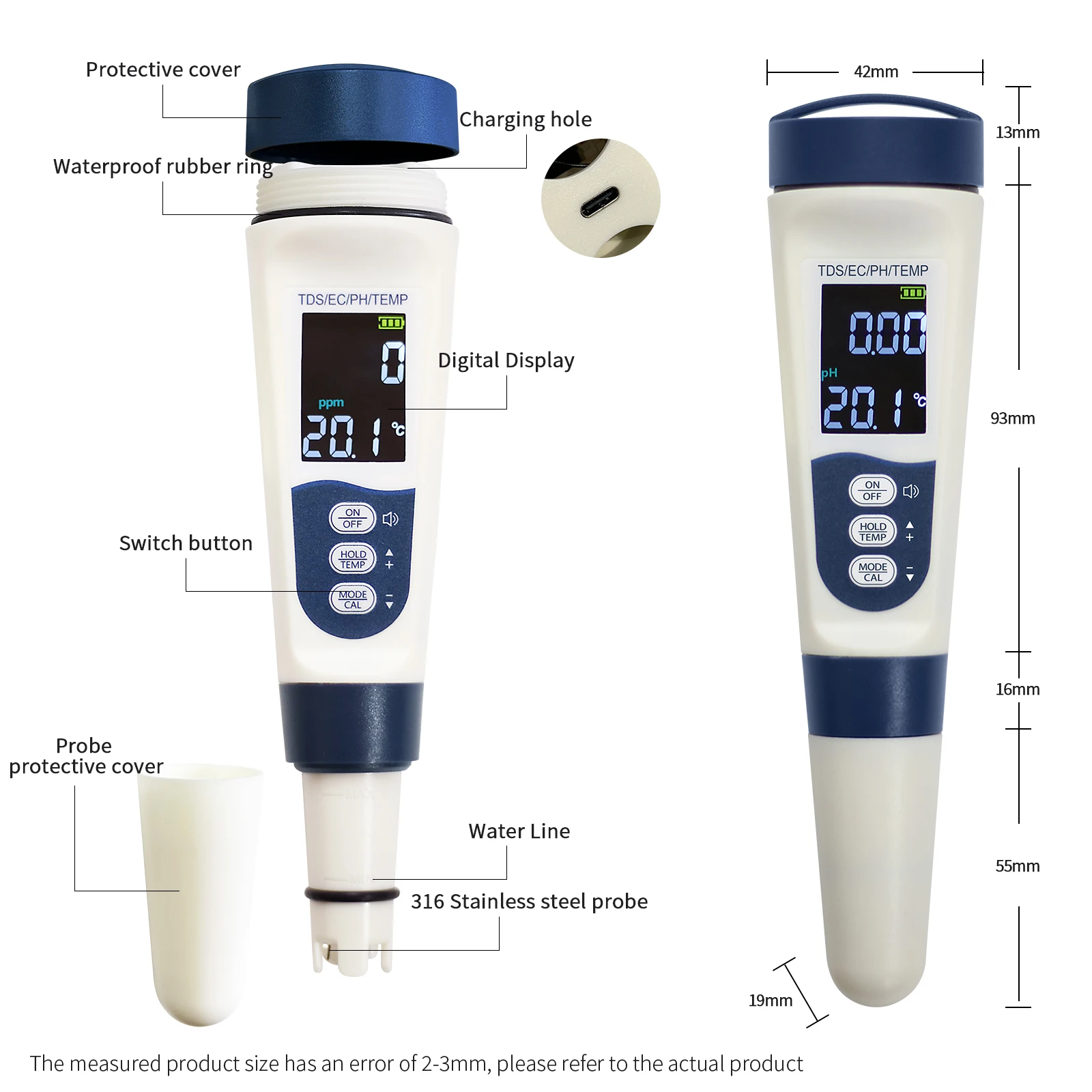 4 in 1 Digital PH Meter with Voice Function PH TDS EC Temp Water Quality Tester for Drinking Water Swimming Pool Hydroponics