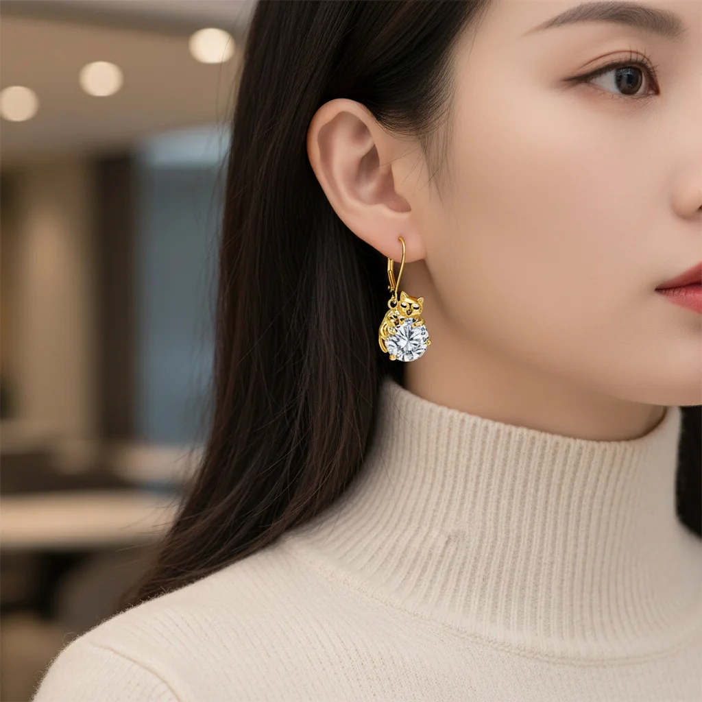 18K Gold Plated Mother Baby Cat Earrings for Women Hypoallergenic Dainty Cubic Zirconia Cute Animal Earrings Gift for Her