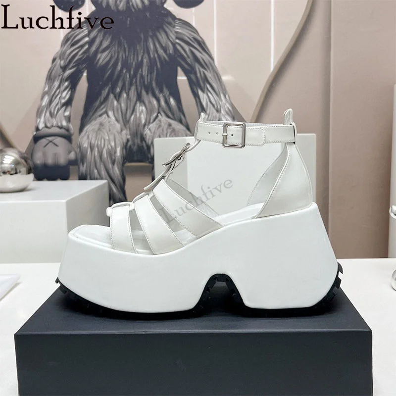 

T-shape Ankle Buckle Wedge-soled Sandals Woman Summer New Luxury Brand Platform Thick Sole Punk Sandals Fashion Rome Sandals