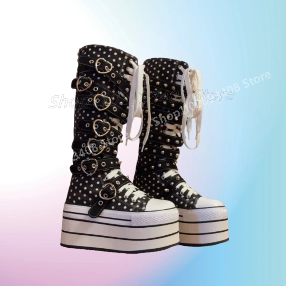 

Dot Pattern Heart Shaped Belts Mid Calf Boots Round Toe Front Lace-up Hot Girls Thick Soled 2025 Women Shoes Spring Para Mujere