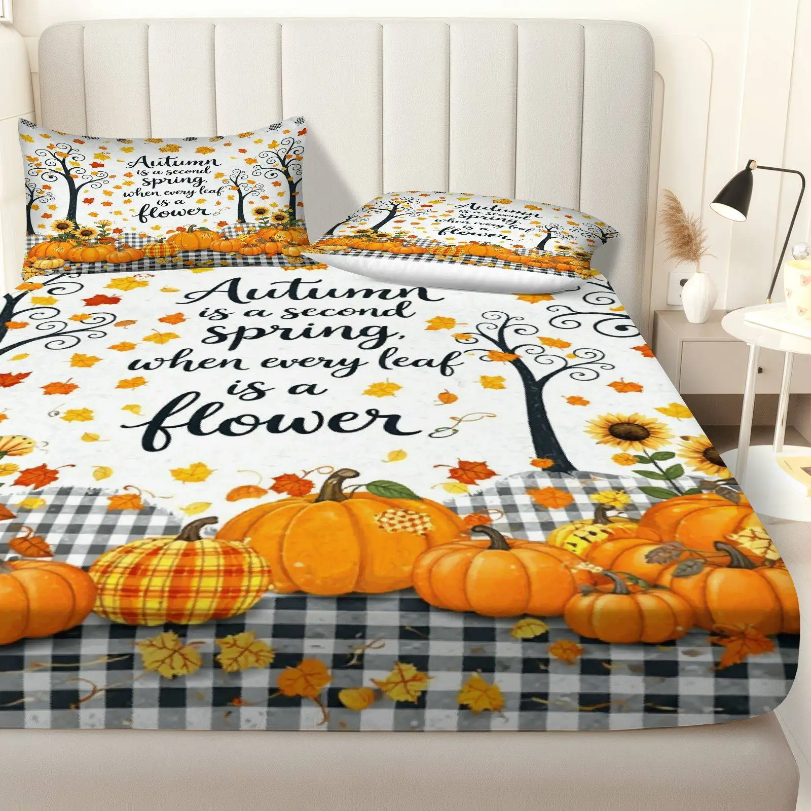 Pumpkin Autumn Leaf Bedding Set, Thanksgiving Seasonal Bedding Three-Piece Set, Multiple Sizes Available, Suitable for Holiday Gifts, Three-Piece Bedding Set (Includes 1 Fitted Sheet + 2 Pillowcases), Large Capacity Deep Bedding Mattress Protector, Fitted Elastic Style, Protective Cover, Mattress Protector, Machine Washable Design, Holiday Decoration, Various Sizes, Breathable Protective Cover with Pillowcases