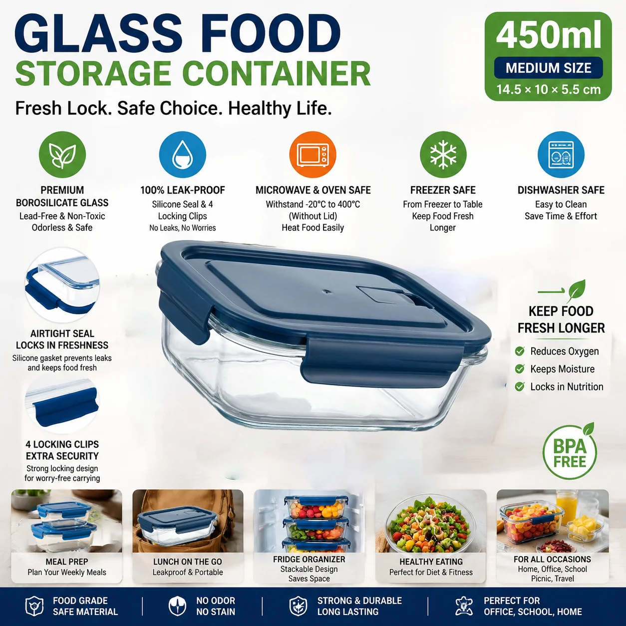 Meal Prep Seafood - Star Sea Blue Glass Food Containers,