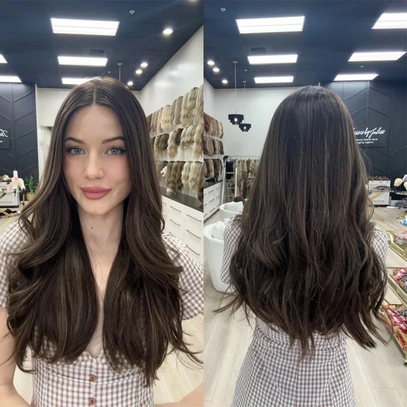 

Женский парик Ombre Brunette Brown Highlights HD Невидимый синтетический парик спереди 26 дюймов Длинный свободный волнистый парик Кепка среднего размера