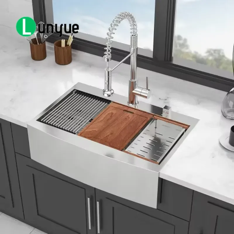 Heavy Duty 304 Stainless Steel Farmhouse Kitchen Sink 36x22 Inch Single Bowl with Drainboard Large Deep Basin for Commercial