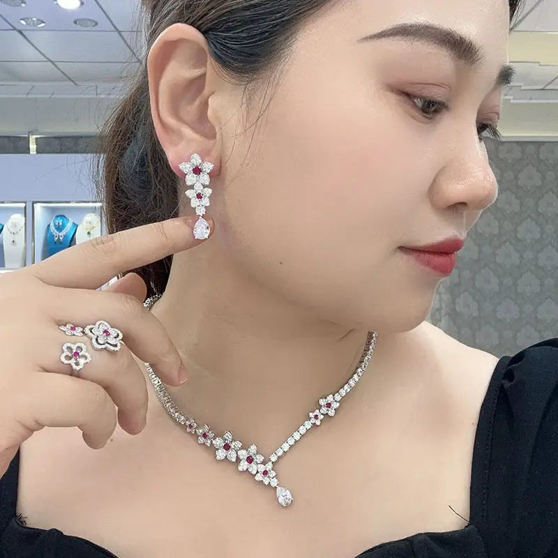 Luxury Brightly Style Ring Earrings Necklace Inlay Cubic Zircon Star Flower Pendant Evening Party 3Pcs Fine Jewelry Sets
