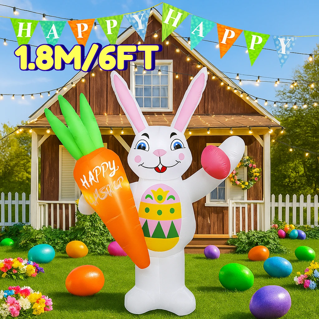 6FT Happy Easter Luchtgeblazen Opblaasbaar Konijn Wortel Decor Ingebouwde LED-verlichting Feestelijke Tuin Paasvakantie Decoraties Ornament