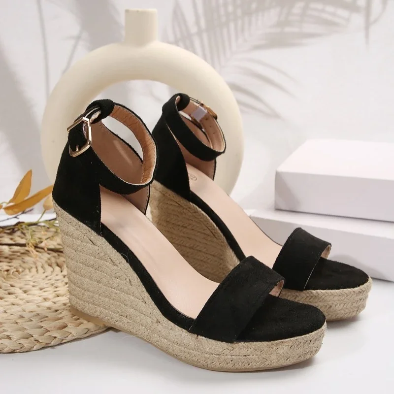 Women Wedge Heel Solid Color Round Toe Thick Soled Shoes 2024 New Buckle Strap Summer Elegant Daily Sandals Simple Women Sandals