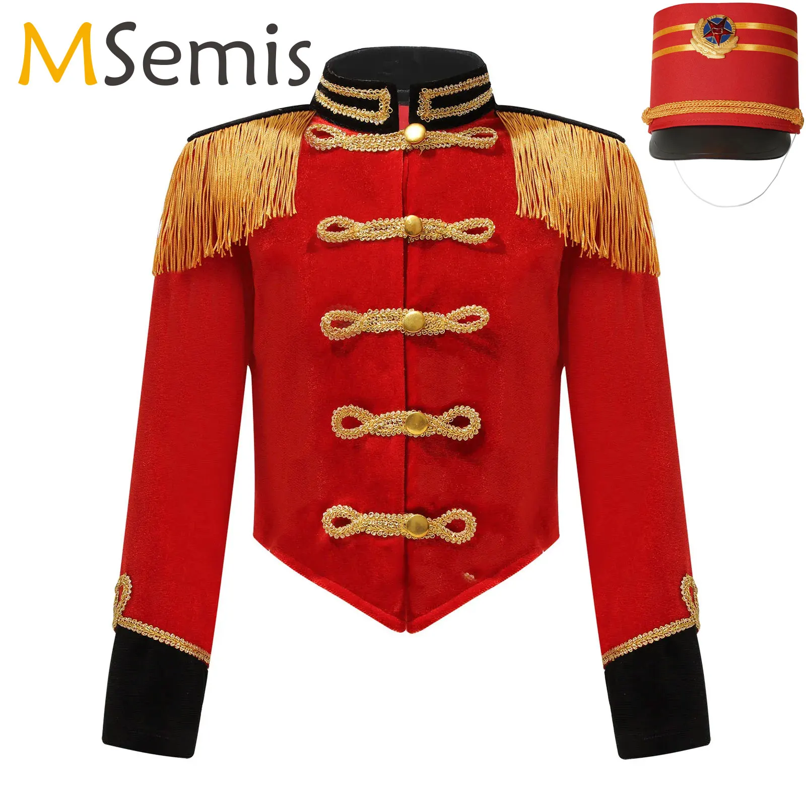 Kids Girls Drummer Conductor Marching Band Costume Set Long Sleeve Tassel Shoulder Jacket with Hat for Performance Competition